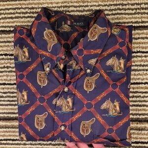 KENNETH GORDON Equestrian Horses Pattern Navy Red Cotton‎ Sz M Mens Shirt VTG